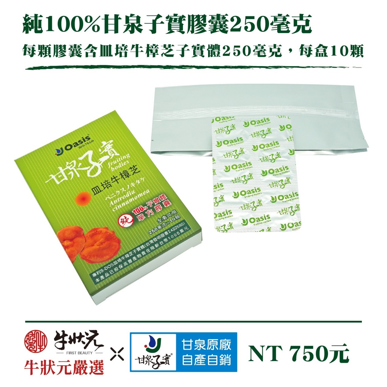 [牛狀元嚴選] 甘泉子實膠囊250毫克(10顆裝)｜皿培牛樟芝子實體