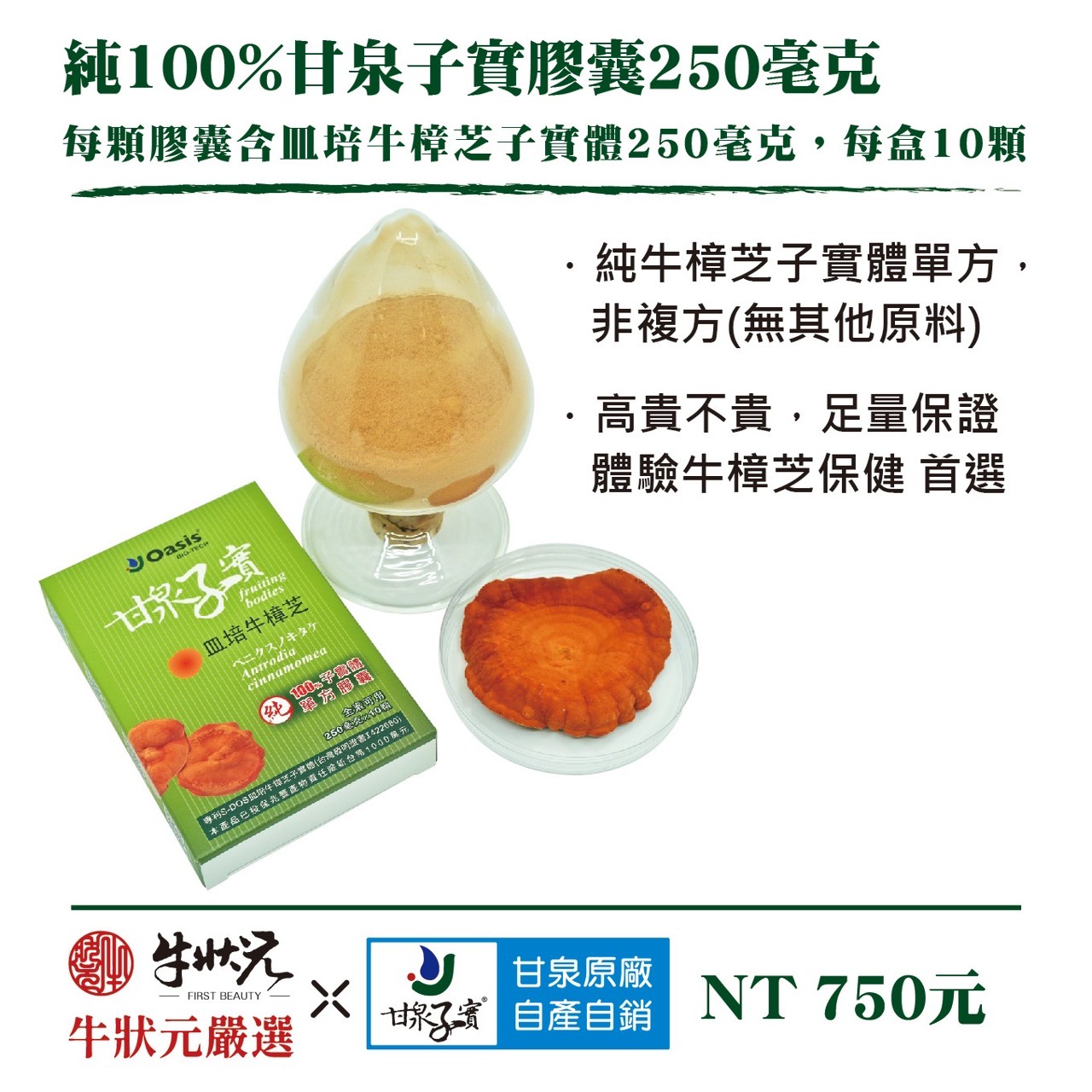 [牛狀元嚴選] 甘泉子實膠囊250毫克(10顆裝)｜皿培牛樟芝子實體