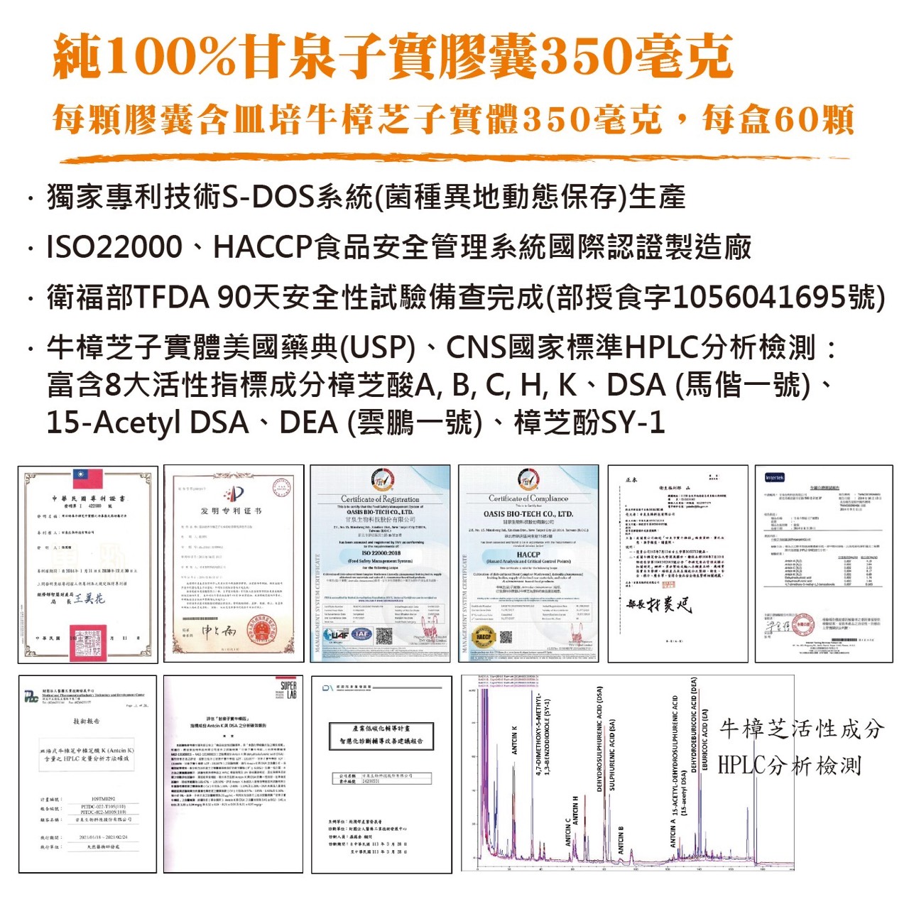 皿培牛樟芝子實體 專利 S-DOS ISO22000 HACCP 樟芝酸 馬偕一號 雲鵬一號 樟芝酚 350毫克